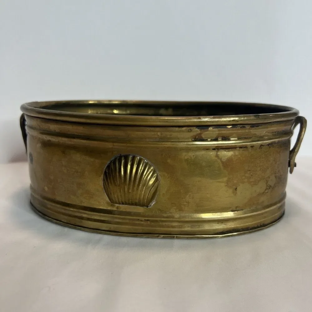 Vintage MCM Brass Oval Planter w Handles and Scallop Shell 8x5.5 Patina Nautical